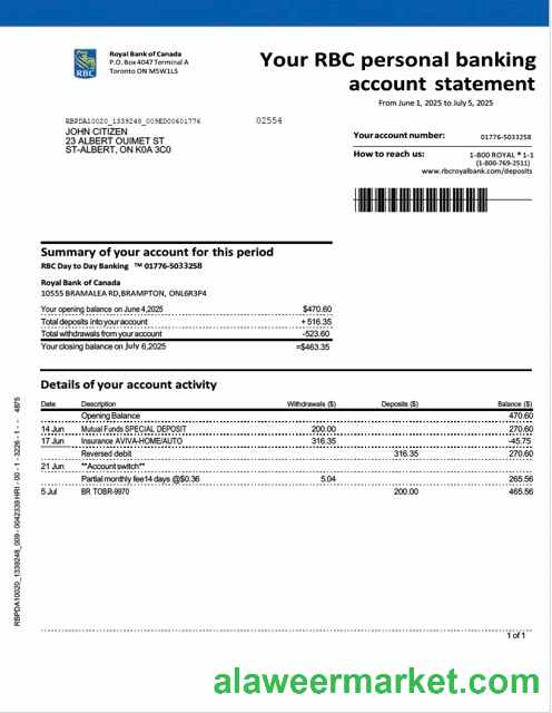 Canada Royal Bank of Canada account statement Word and PDF template